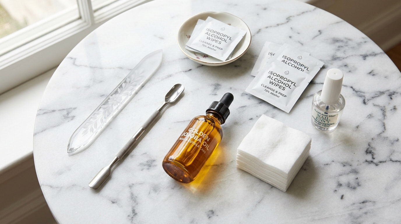 Flat lay photography of at-home manicure workspace with crystal glass file, stainless steel cuticle pusher, and jojoba oil