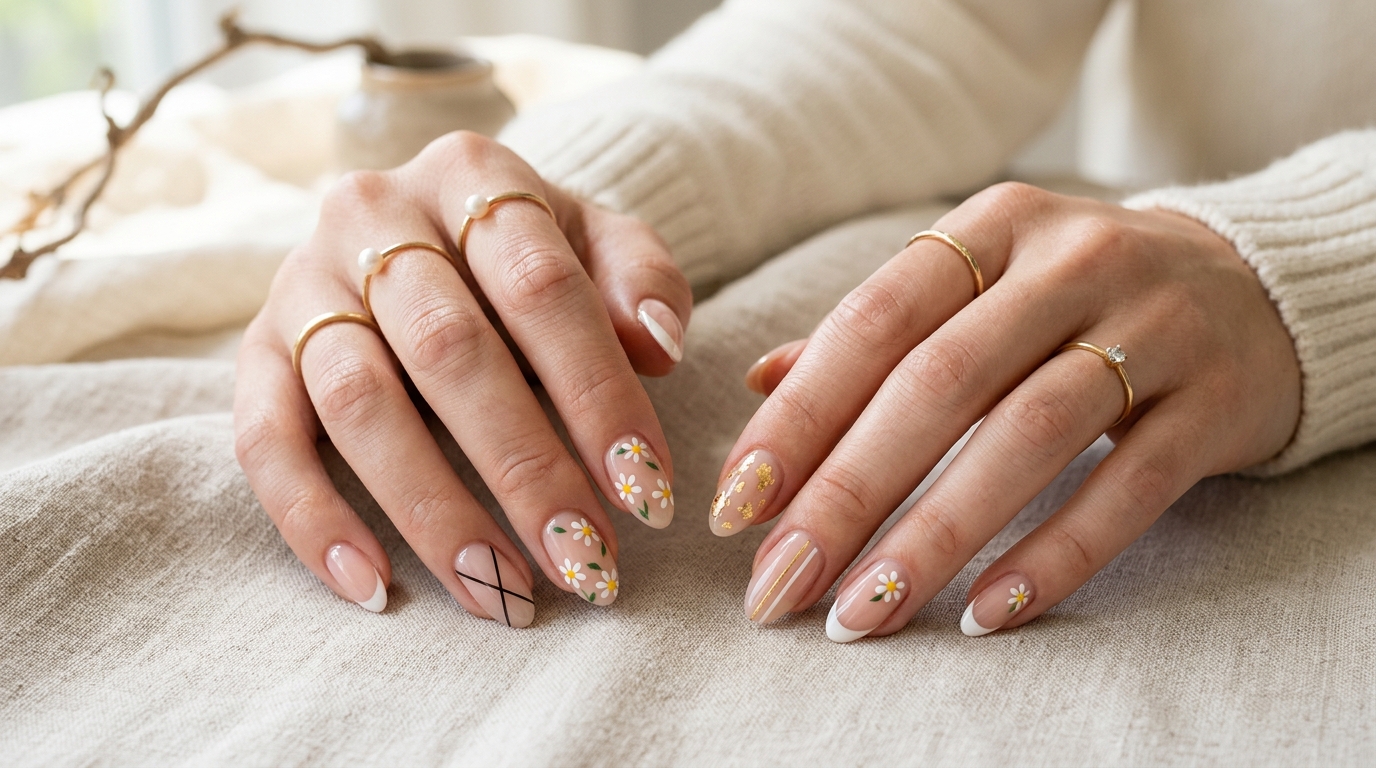 Editorial collection of 6 beginner DIY nail art designs on manicured hands