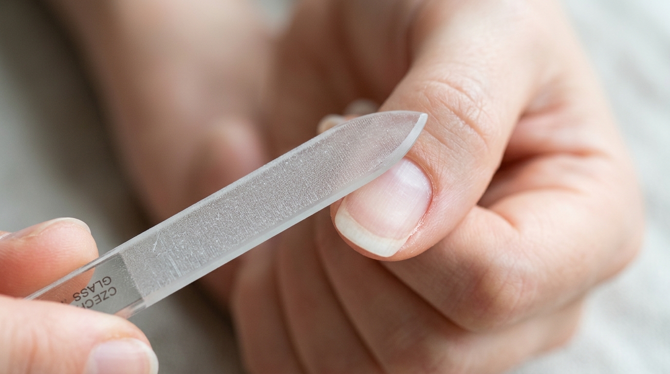 Macro photography of etched crystal glass file sealing the free edge of a natural fingernail