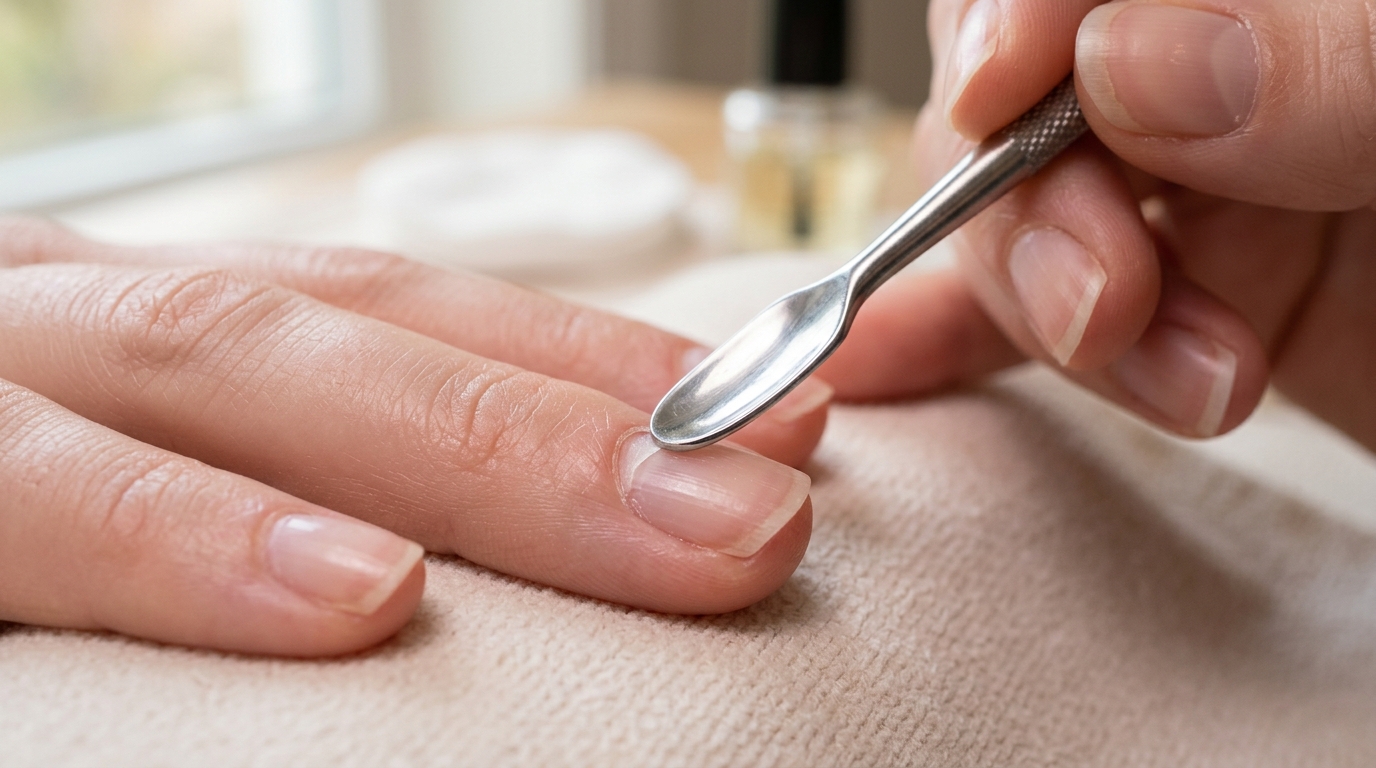 Macro demonstration of stainless steel spoon pusher held at 45-degree angle against nail plate
