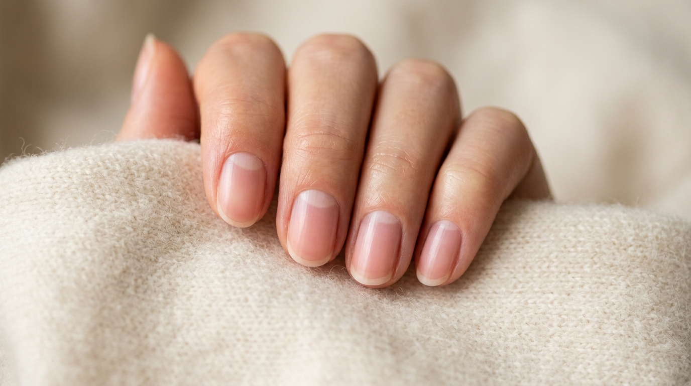 Healthy, strong bare natural fingernails with intact cuticles, pink nail beds, and white lunula half-moons