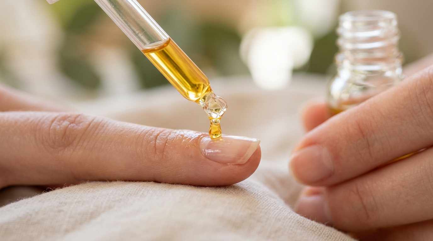 Dropper dispensing pure golden jojoba oil directly onto the nail cuticle fold and matrix