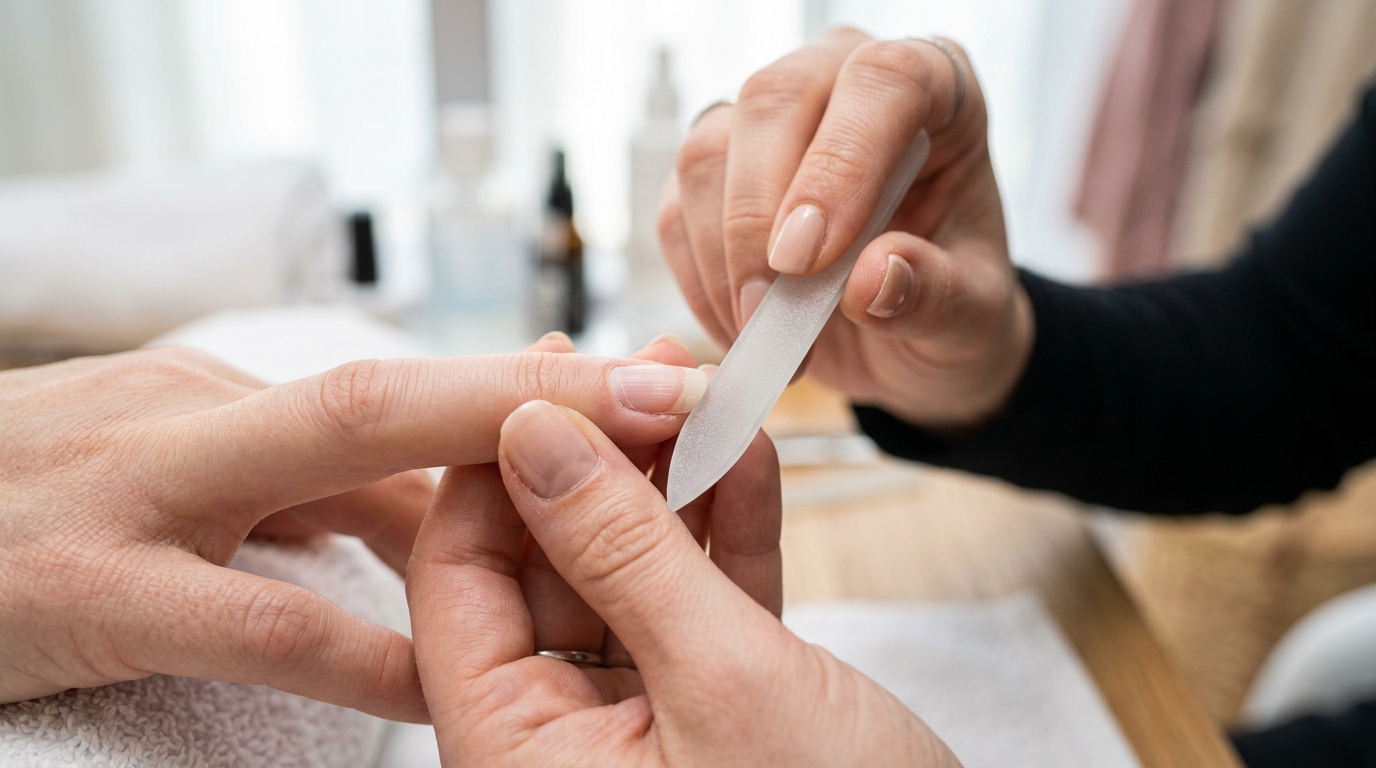Macro demonstration of holding an etched crystal glass file at a 45-degree bevel angle under natural nails