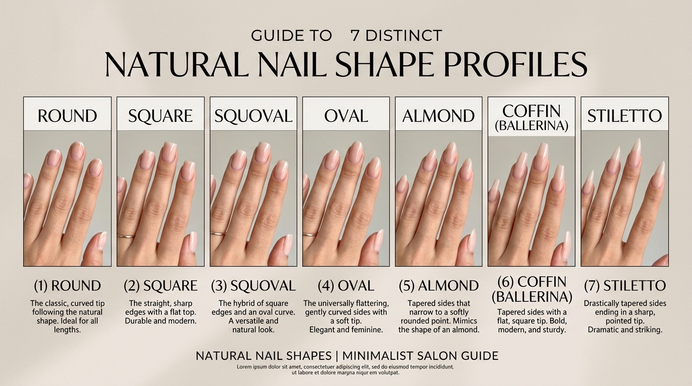 Infographic chart showing 7 distinct natural nail shape profiles: Round, Square, Squoval, Oval, Almond, Coffin, and Stiletto