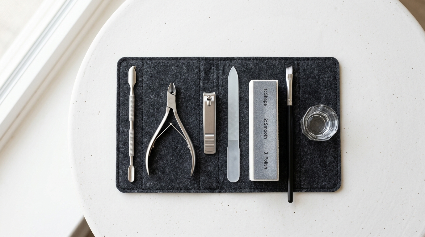 Flat lay of essential stainless steel manicure tools: spoon pusher, nippers, clippers, glass file, buffer block