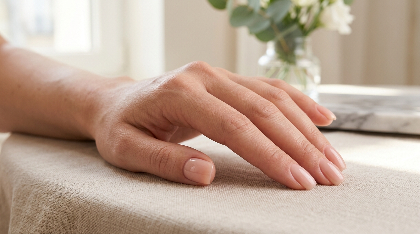 High-gloss salon quality manicure on natural nails with sheer blush pink polish and clean cuticle lines