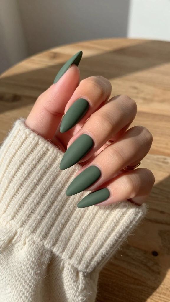 Matte olive green stiletto nails