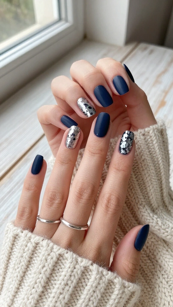 Matte Navy & Silver Leaf