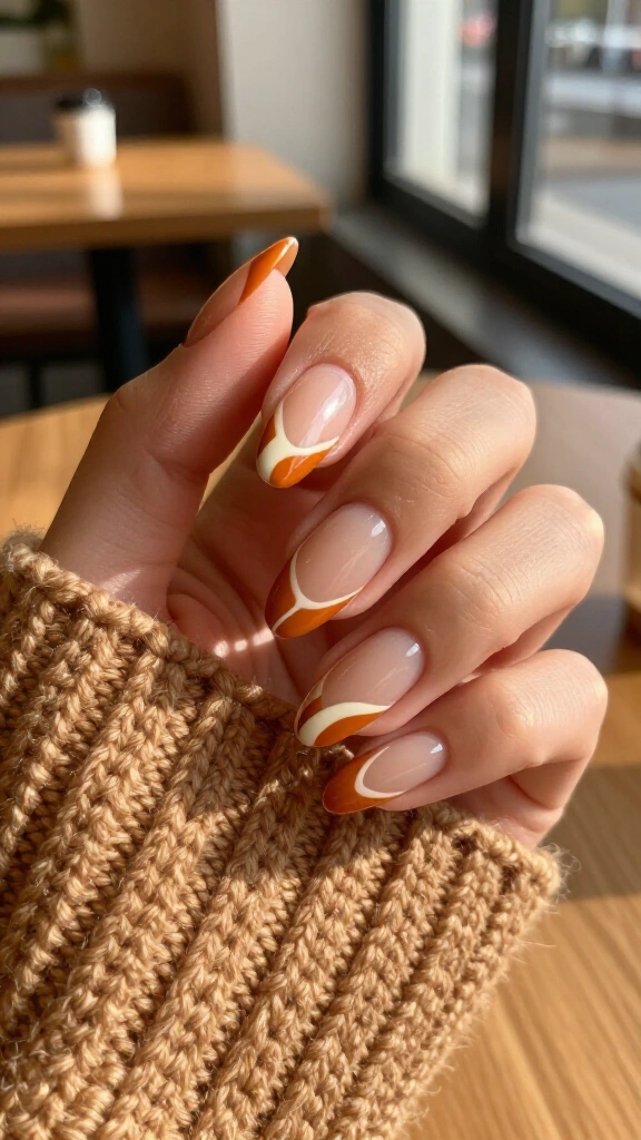 Burnt orange swirls on sheer nude