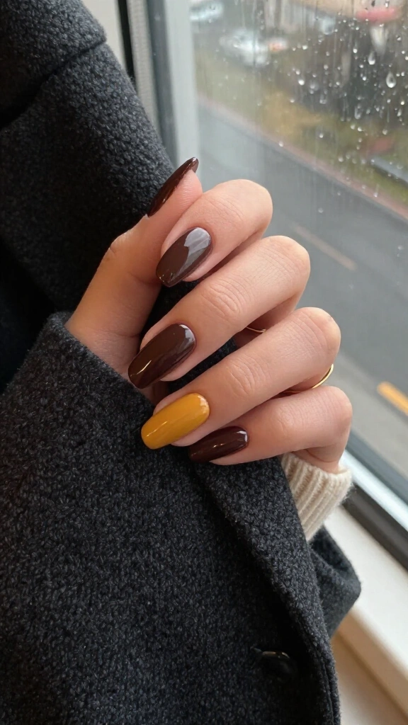 Ochre yellow accent nails