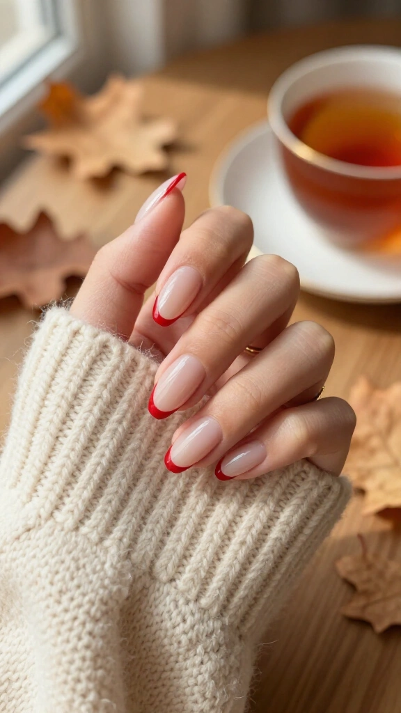 Sheer nude almond with crimson edge