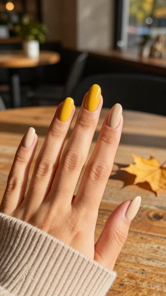 Warm mustard accent nails