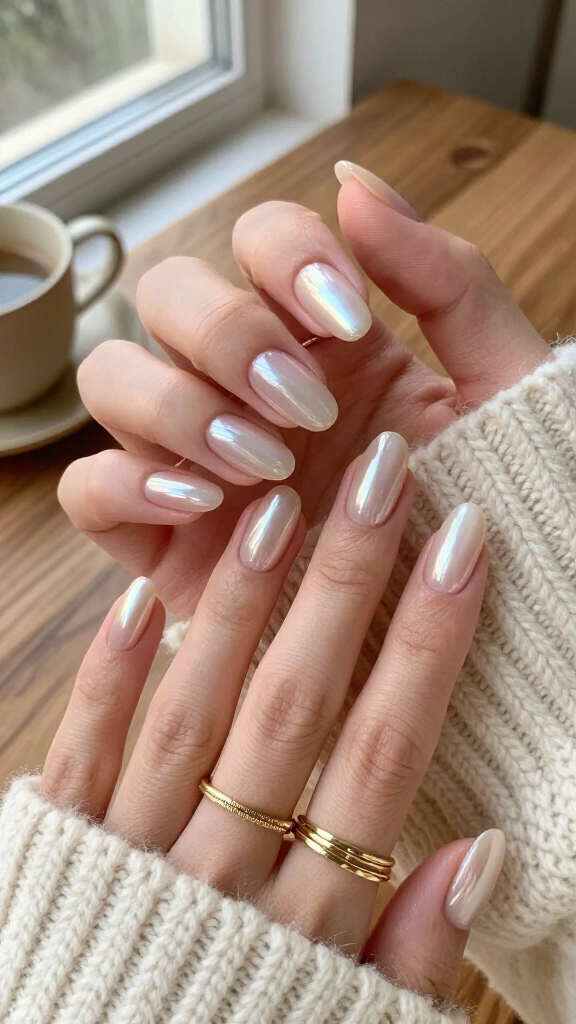 Milky nude with pearl chrome dust