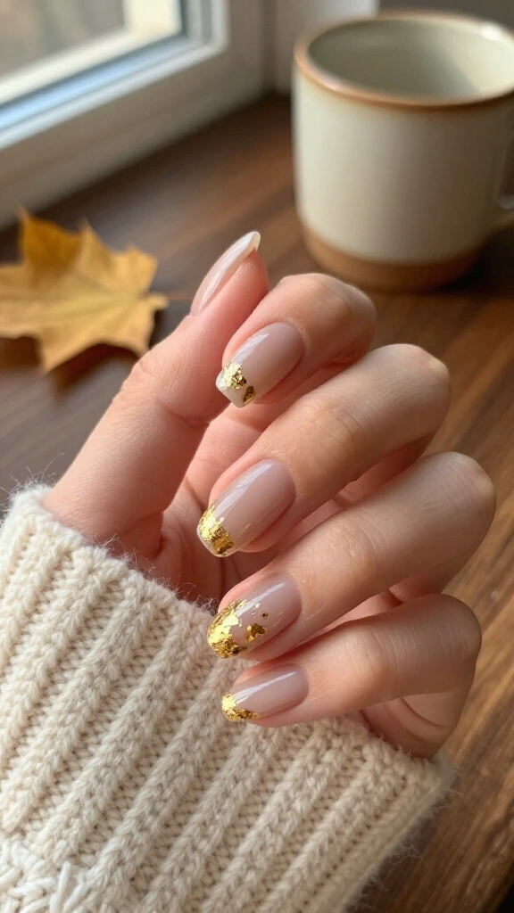 Minimalist gold-foil nude nails