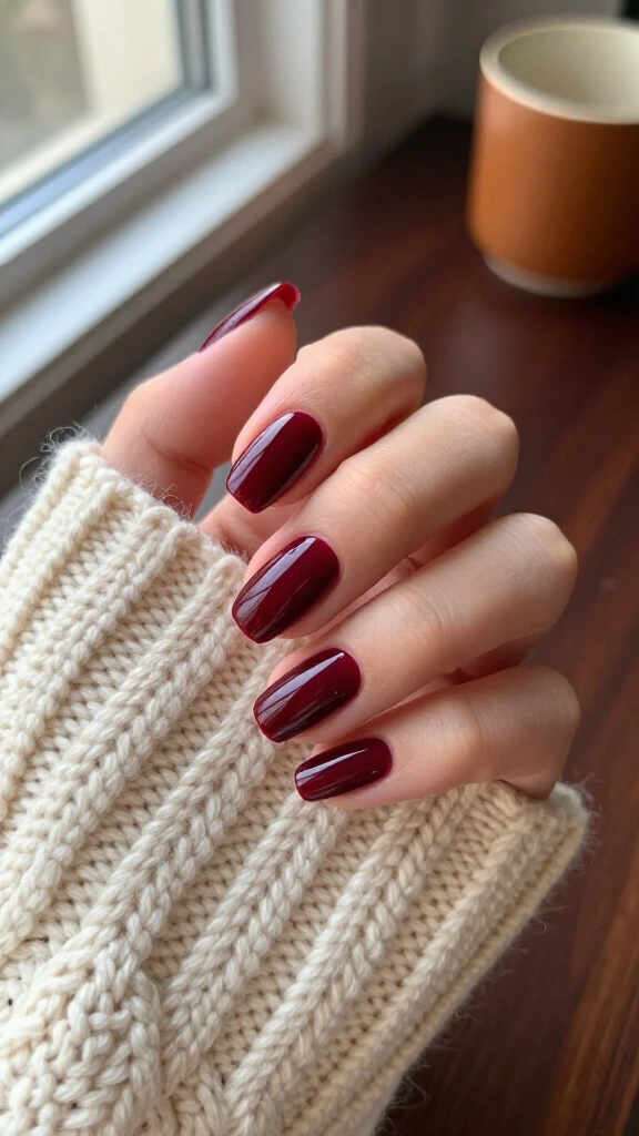 Dark cherry red high-gloss nails