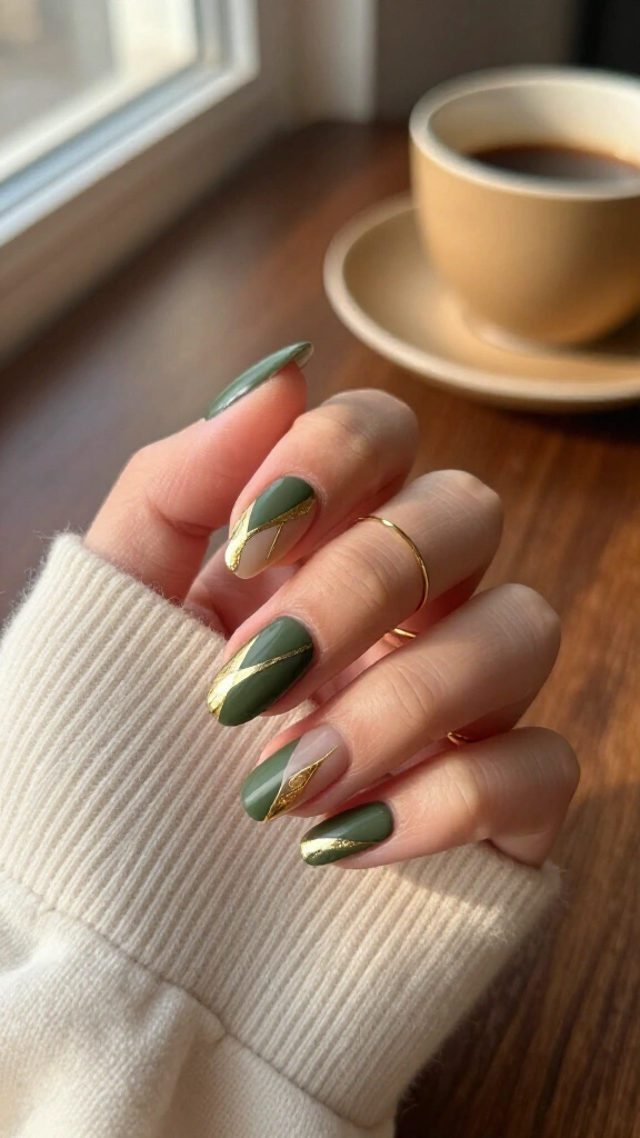 Olive green & gold geometric nails