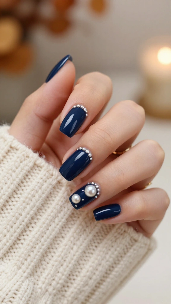Midnight navy pearl-embellished nails