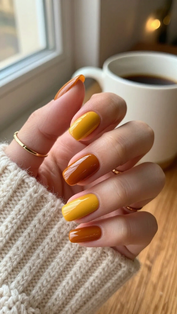 Warm ochre polish with glossy top coat