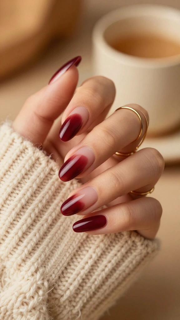 Burgundy Aura Nails with Sheer Cuticles
