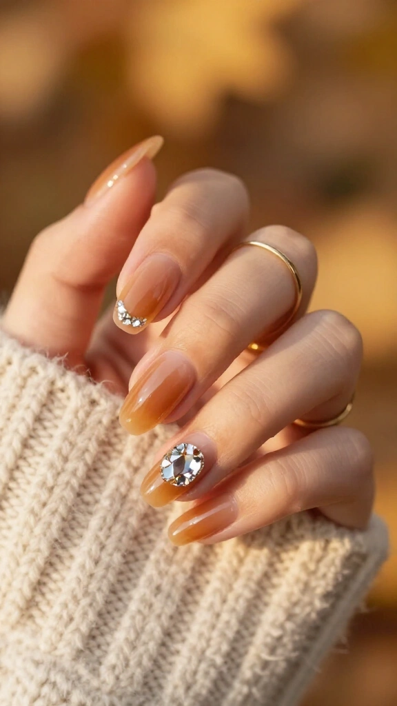 Sheer Cinnamon Syrup Nails with Rhinestone Roots