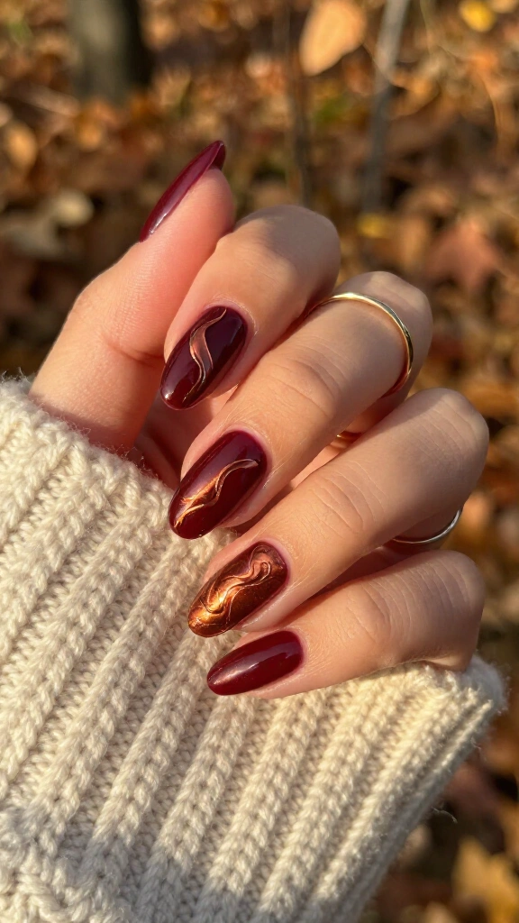 Metallic Copper Ribbons on Burgundy
