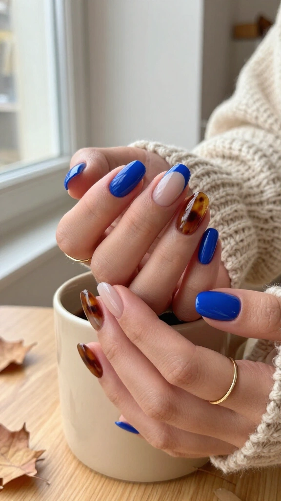 Cobalt Blue French Tips with Tortoiseshell Accents