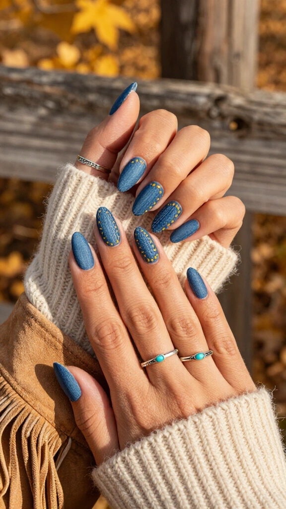 Denim blue stitched accent nails