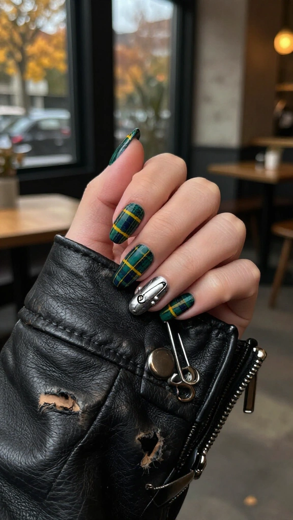 Grunge Tartan Plaid with Safety Pin Charms