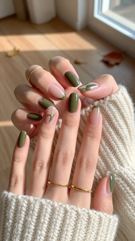 Olive Green Negative Space Swirls