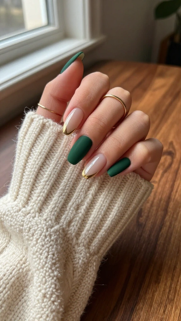 Matte Forest Green with Glossy French Tips