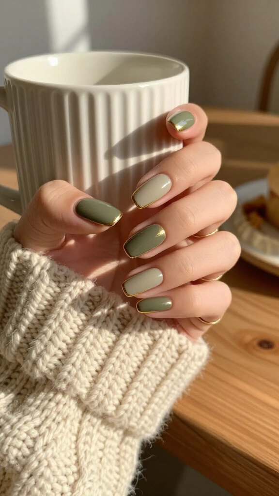 Olive Khaki & Metallic Gold Line Art