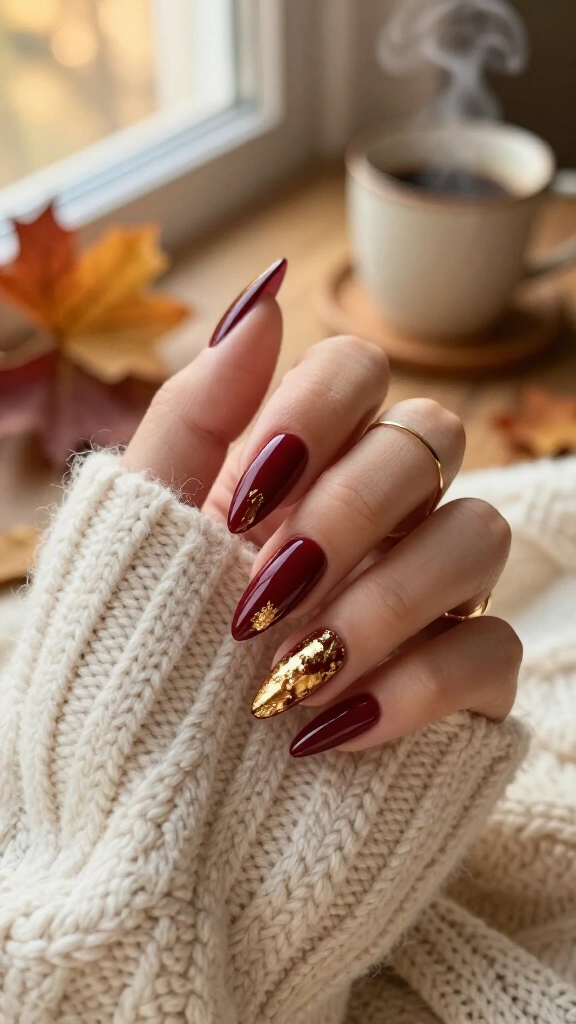 Glossy Deep Bordeaux with Gold Leaf Flecks
