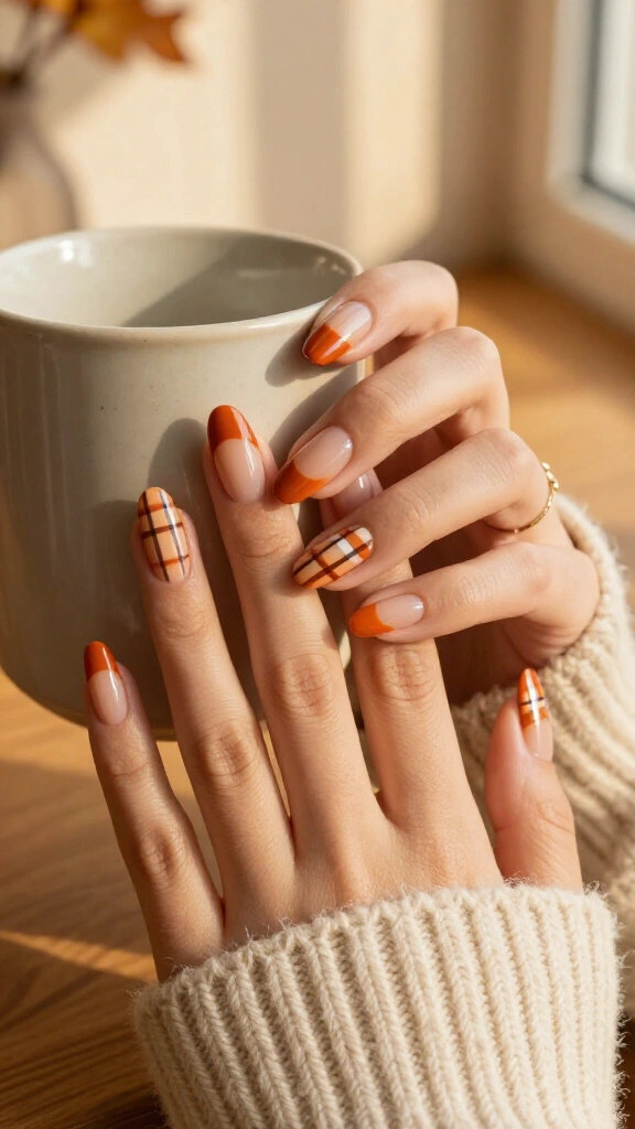 Burnt Orange French Plaid Tips