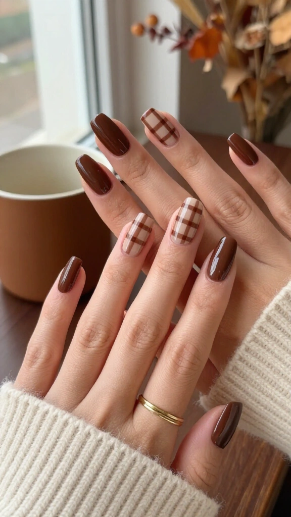 High-Gloss Chocolate Brown Gingham-Tartan