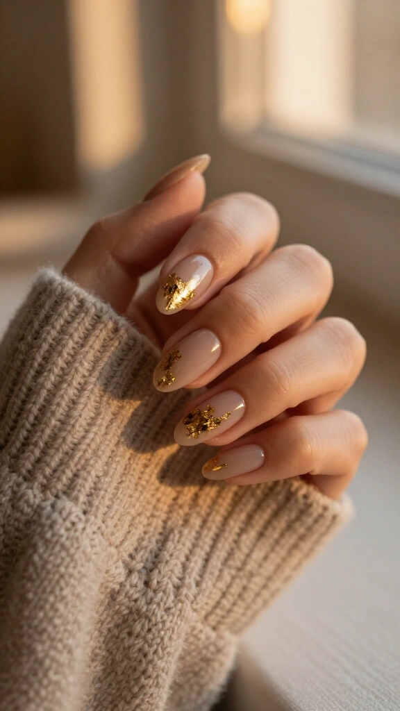 Gold foil flakes on sheer taupe