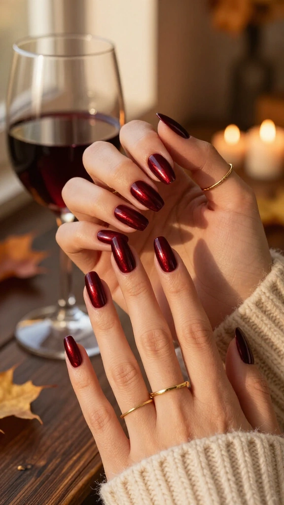 Deep Bordeaux Chrome Coffin Nails