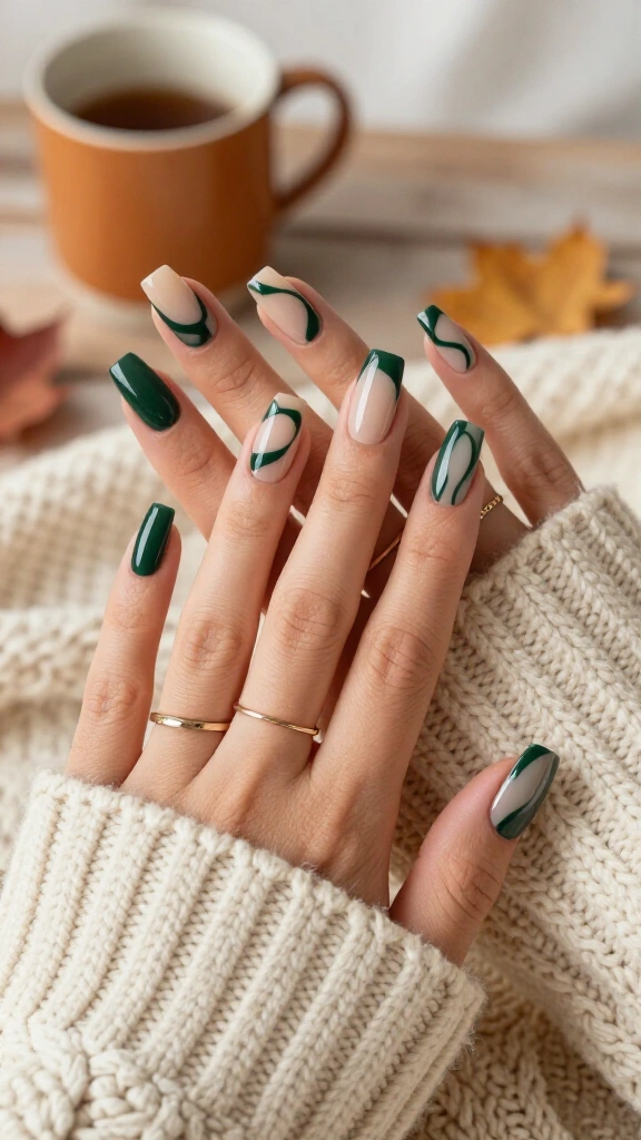 Forest Green Swirls on Tapered Square Nails