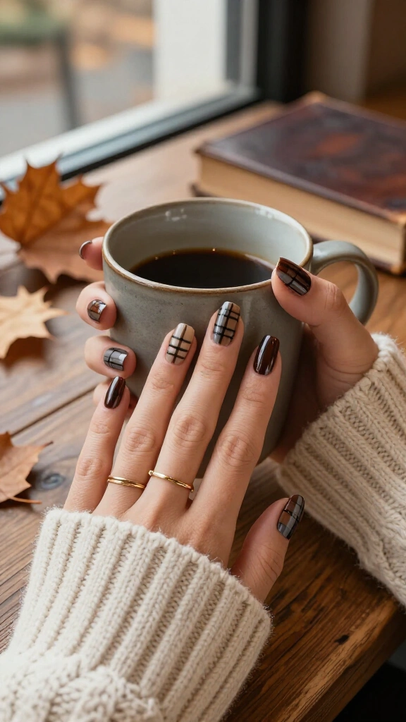 Espresso Plaid Long Square Nails