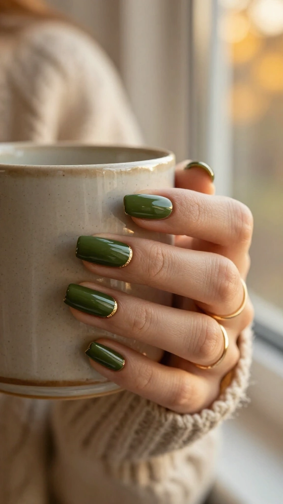 Gilded Olive Green Almond Nails