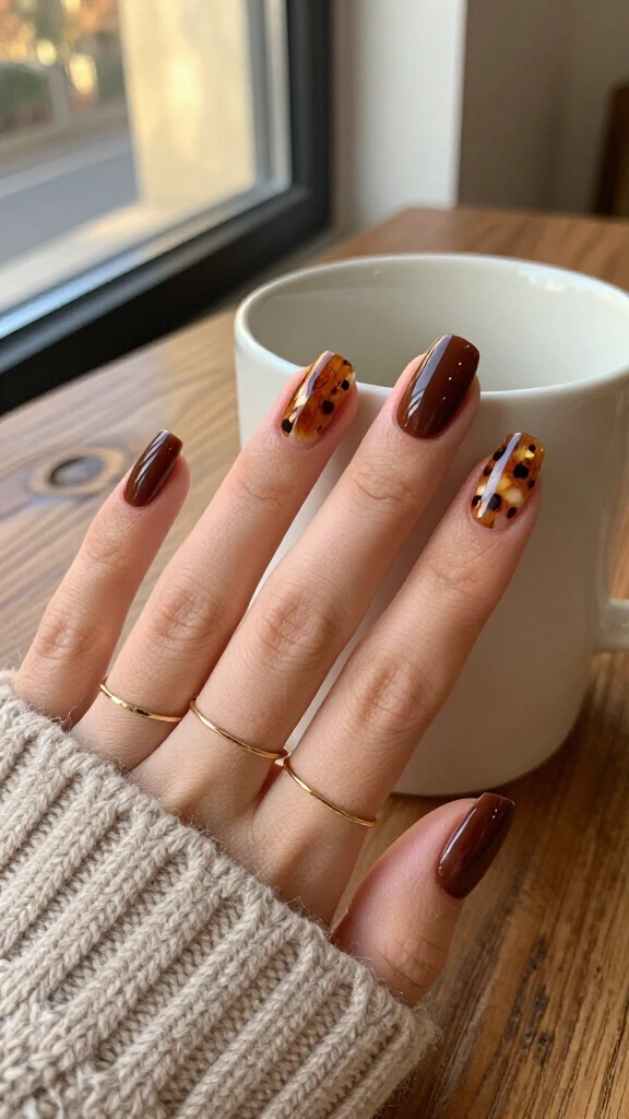 Tortoise Accent Nail on Espresso Gel