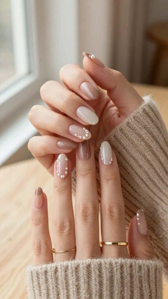 Warm Taupe French with Micro-Pearl Accents
