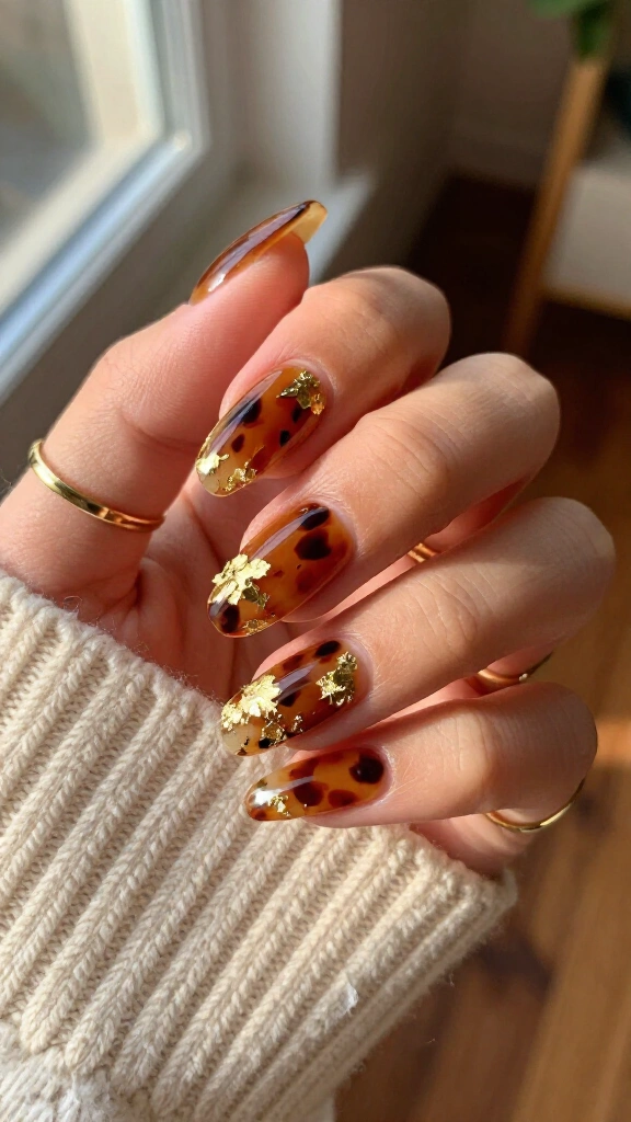 Chunky Gold Leaf Tortoise Nails