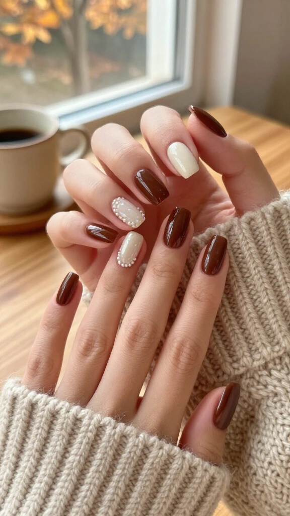 Glossy Cocoa with Delicate Pearl Studs