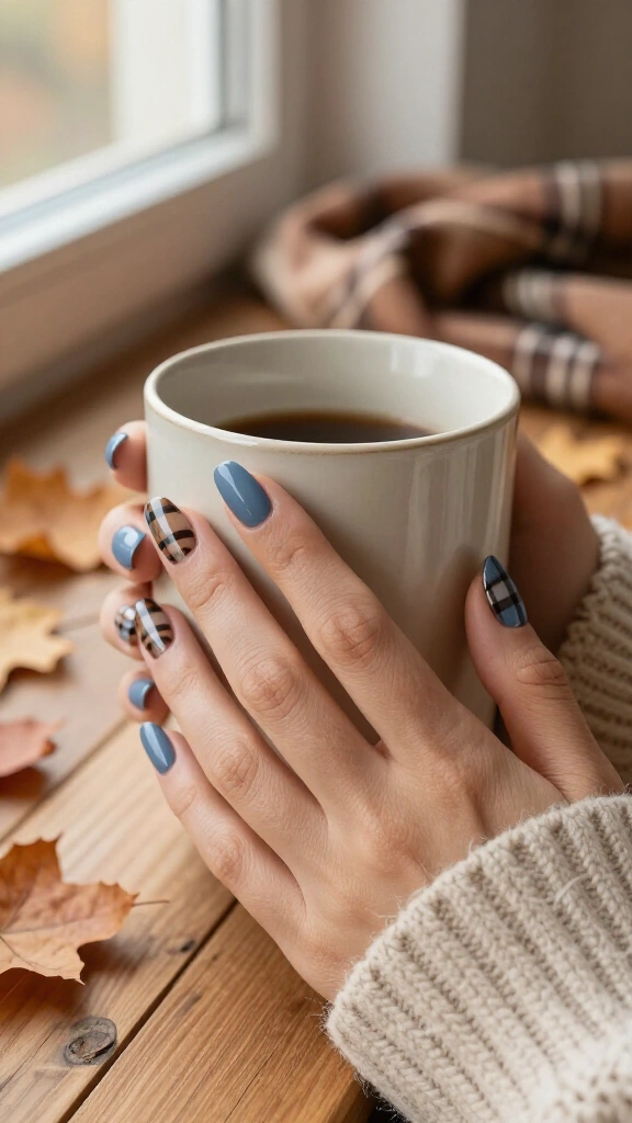 Muted Periwinkle with Brown Plaid Stripes