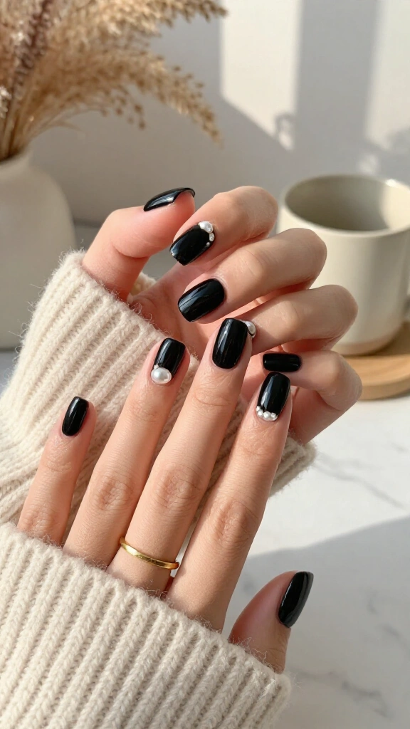 Black Base with Dainty Pearl Cuticle Studs
