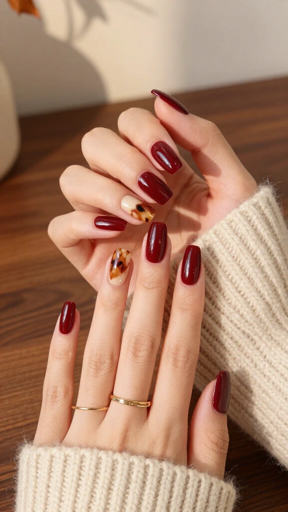 Tortoiseshell & Merlot Coffin Nails