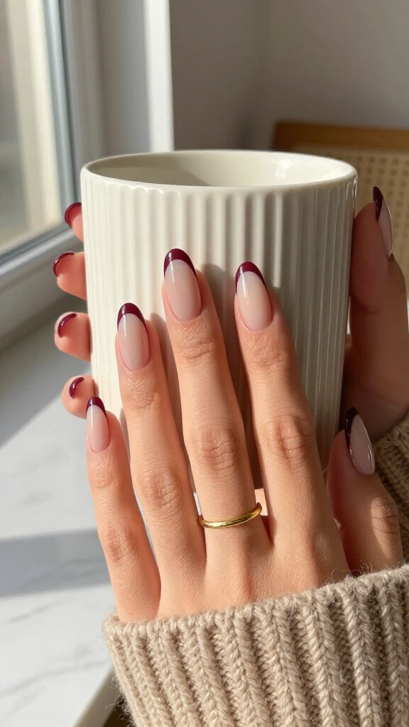 Modern Maroon French Tips on Nude Almond Bases