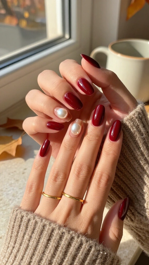 Spiced Cabernet Almond Nails with Pearl Cuticles