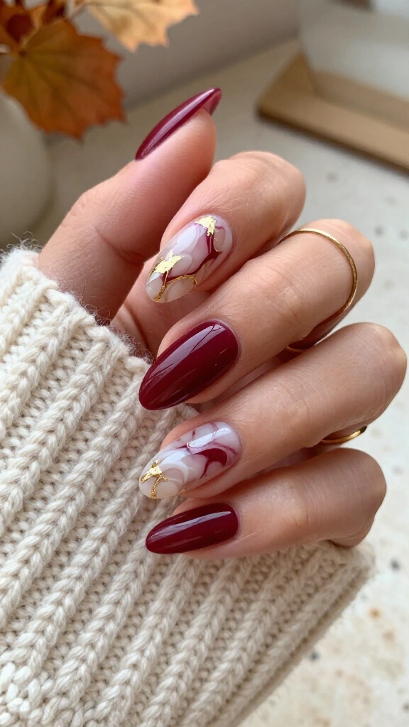 Maroon Rose Quartz Marble Almond Nails