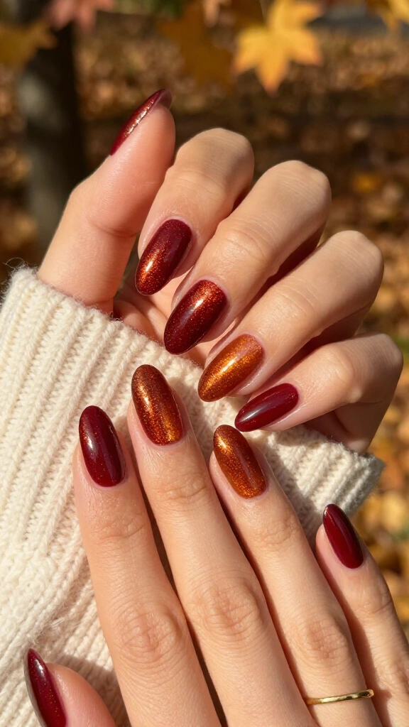 Micro-Glitter Maroon Glaze Almond Nails